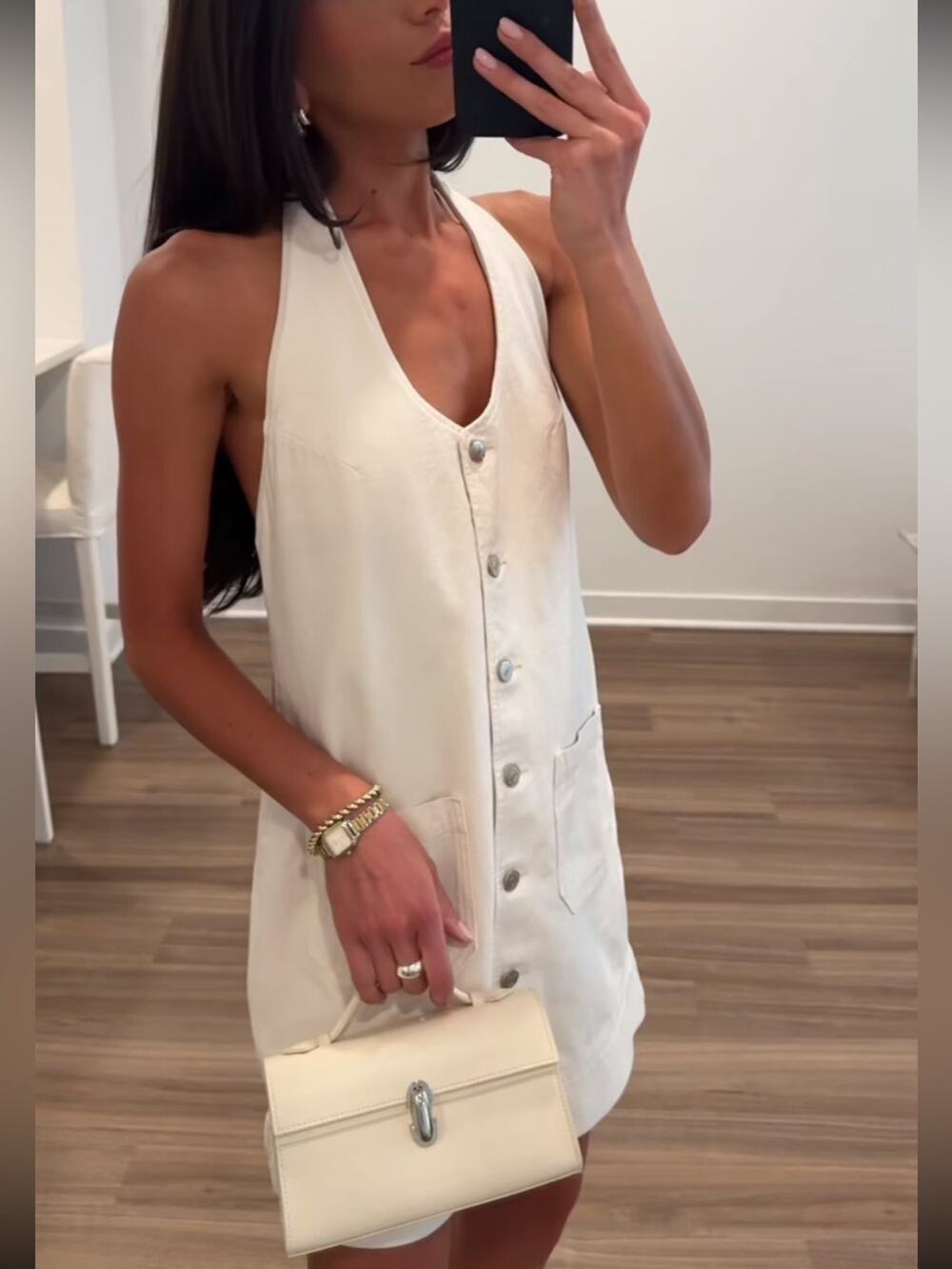 Reformation Brittany Denim Halter Mini Dress in Fior Di Latte L